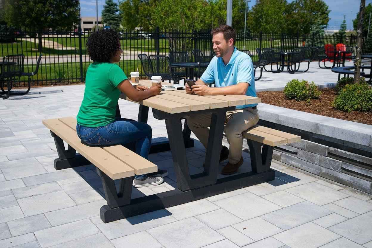 People sitting at outdoor commercial picnic table in public plaza with recycled plastic lumber seating.
